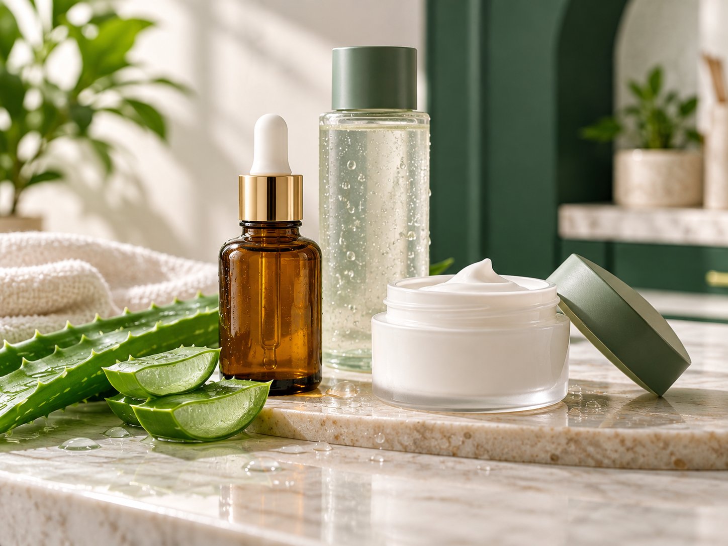 Produtos dermocosméticos, com sérum, creme hidratante e aloé vera