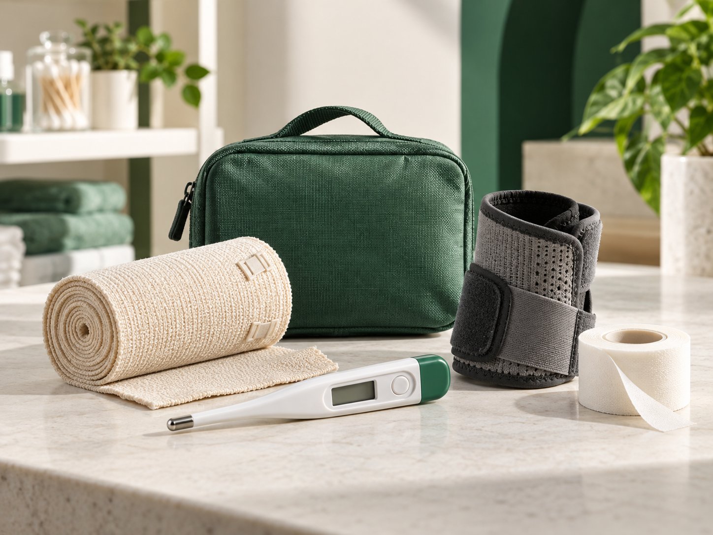 Material de apoio, com termómetro, ligadura, suporte de pulso e bolsa de primeiros socorros